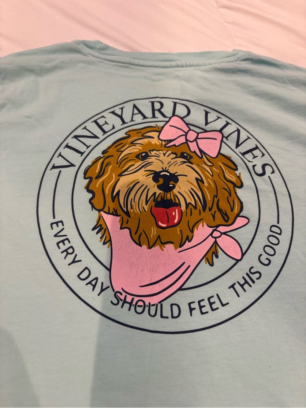 Vineyard Vines Light Blue Tee with Pink Dog Graphic